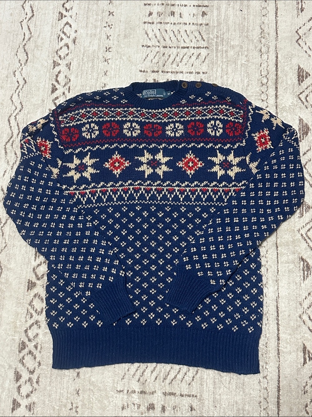 VintagePolo by Ralph Lauren Navy Red & Cream Fair Isle Crewneck Sweater